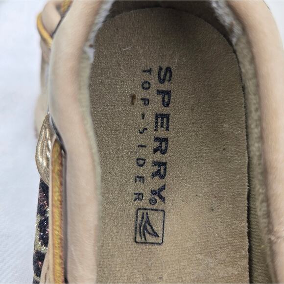 SPERRY Top-Siders Tan Boat Shoes with Glitter Leopard Print Pattern Size 13.5 - Picture 9 of 10